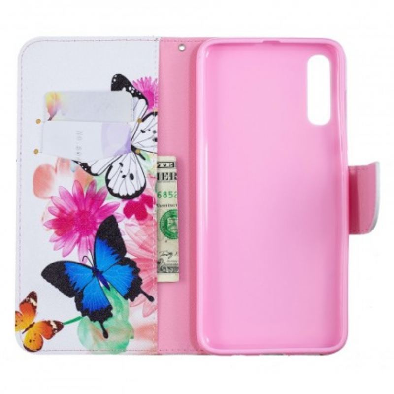 Capa Em Pele Para Samsung Galaxy A70 Borboletas E Flores Pintadas