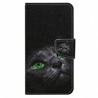 Capa Flip Para Xiaomi 12T / 12T Pro De Cordão Gato De Olhos Verdes Na Alça