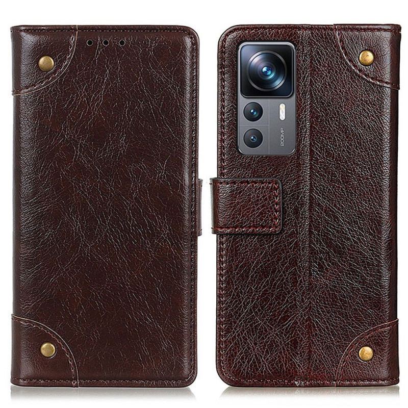 Capa Flip Para Xiaomi 12T / 12T Pro Rebites Vintage Estilo Couro Napa