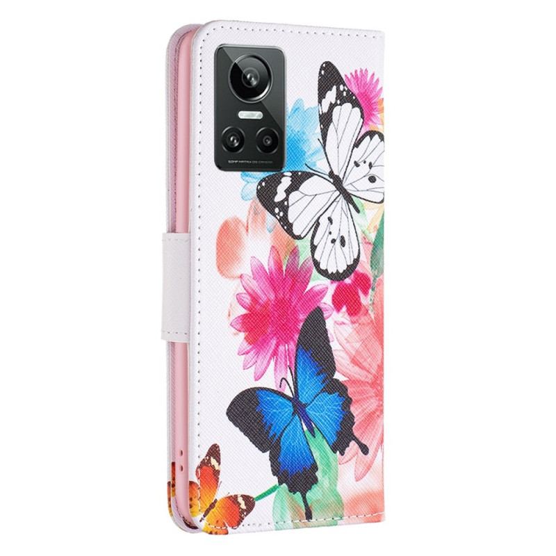 Capa De Couro Para Realme GT Neo 3 Borboletas Coloridas