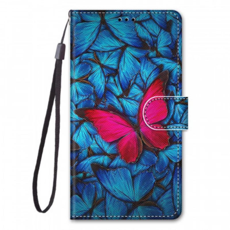 Capa Em Pele Para Samsung Galaxy A03 Core Borboleta Vermelha Fundo Azul