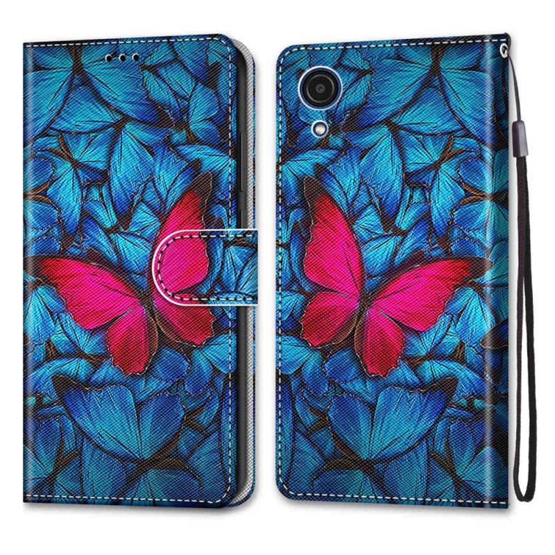 Capa Em Pele Para Samsung Galaxy A03 Core Borboleta Vermelha Fundo Azul
