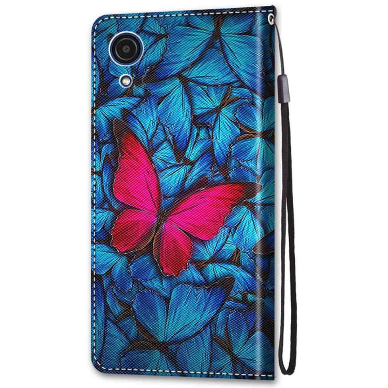 Capa Em Pele Para Samsung Galaxy A03 Core Borboleta Vermelha Fundo Azul