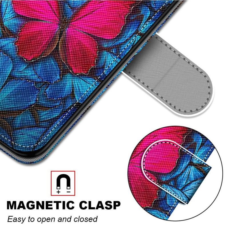 Capa Em Pele Para Samsung Galaxy A03 Core Borboleta Vermelha Fundo Azul