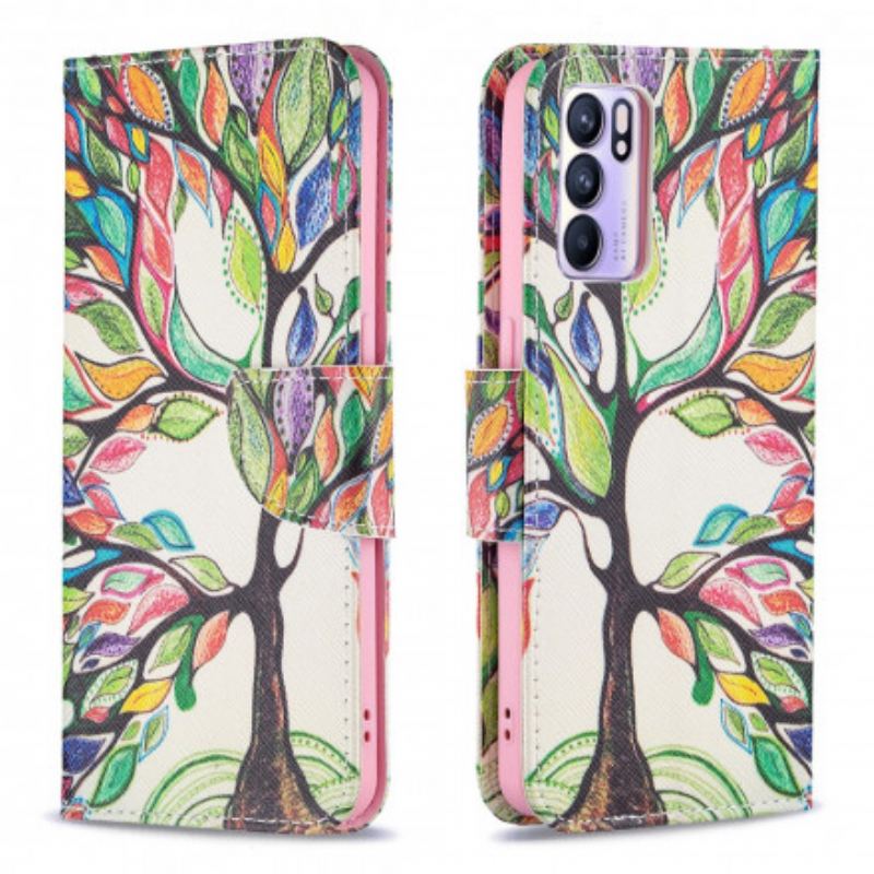 Capa De Couro Para Oppo Reno 6 5G Árvore Colorida