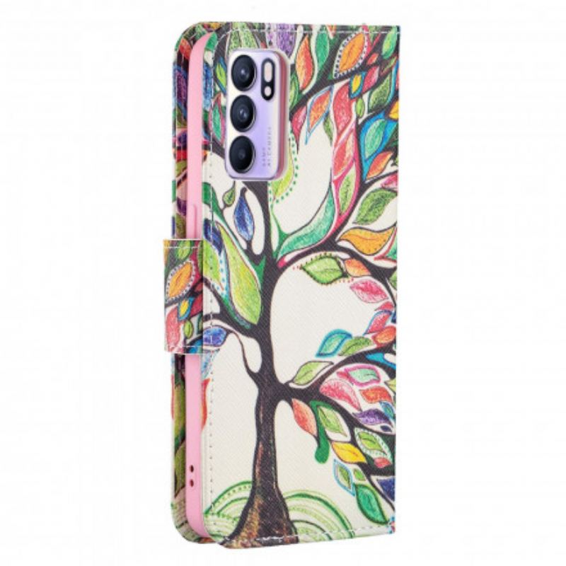 Capa De Couro Para Oppo Reno 6 5G Árvore Colorida