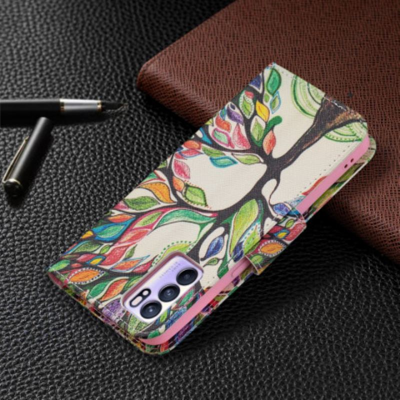 Capa De Couro Para Oppo Reno 6 5G Árvore Colorida