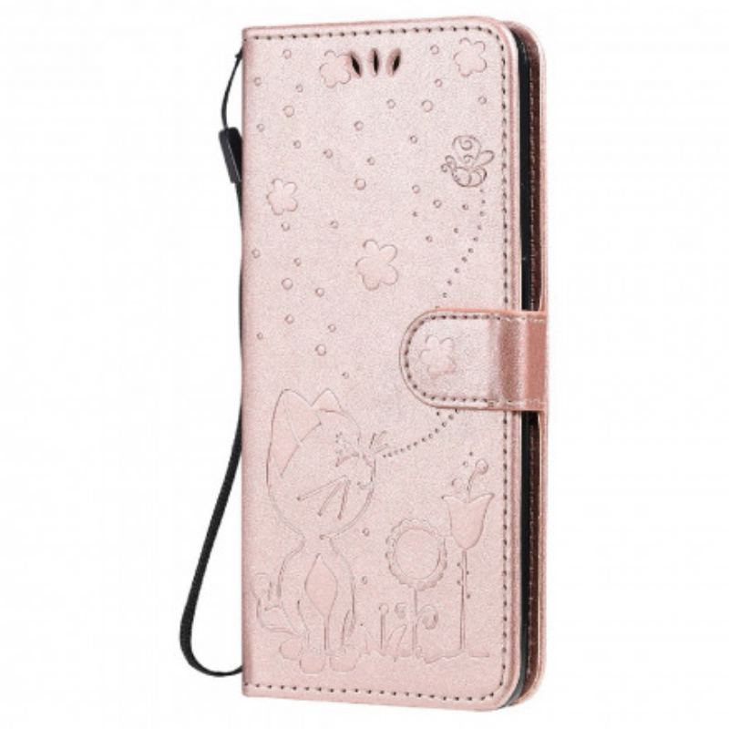 Capa Flip Para Oppo Reno 6 5G De Cordão Gato E Abelha Com Cordão