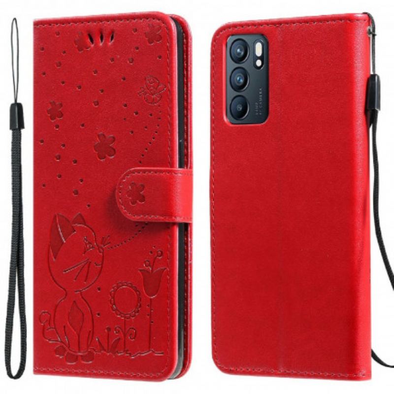 Capa Flip Para Oppo Reno 6 5G De Cordão Gato E Abelha Com Cordão