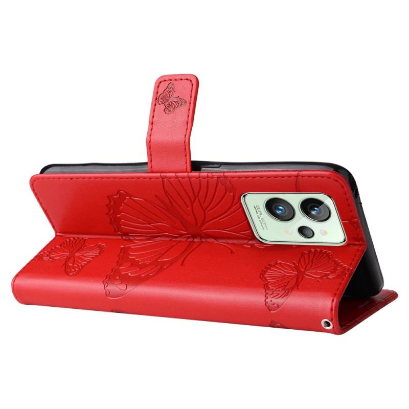 Capa De Couro Para Realme GT2 Pro De Cordão Borboletas Gigantes