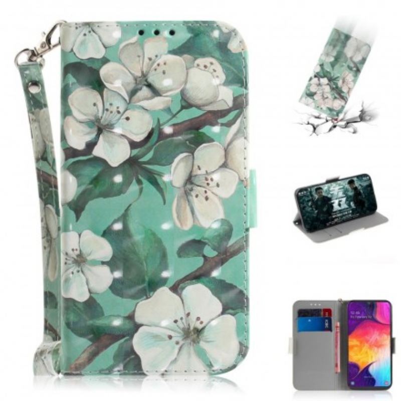 Capa De Couro Para Samsung Galaxy A50 De Cordão Ramo Florido Com Alça