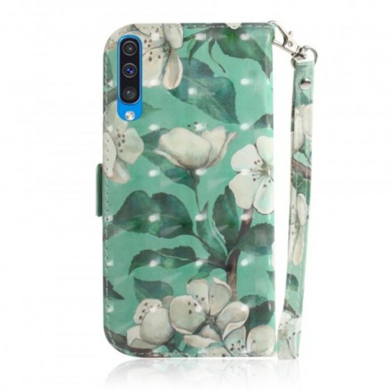 Capa De Couro Para Samsung Galaxy A50 De Cordão Ramo Florido Com Alça