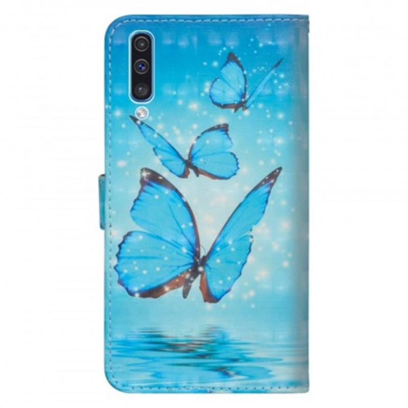Capa Flip Para Samsung Galaxy A50 Borboletas Azuis Voando