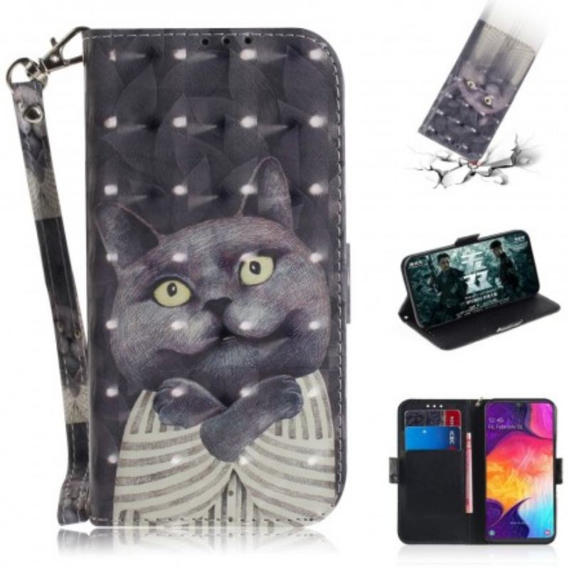 Capa Flip Para Samsung Galaxy A50 De Cordão Gato Cinzento Com Alça