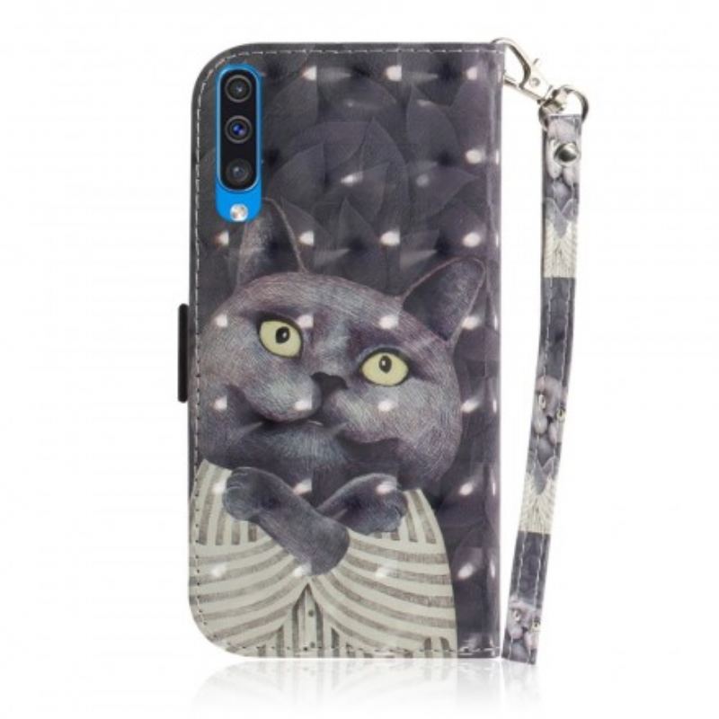 Capa Flip Para Samsung Galaxy A50 De Cordão Gato Cinzento Com Alça