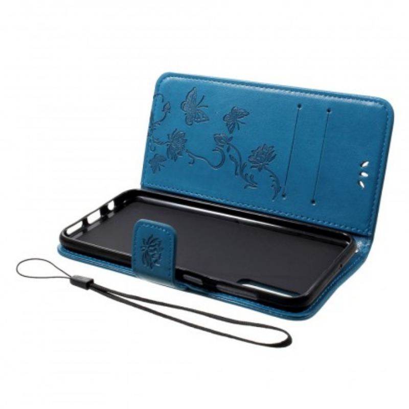 Capa Flip Para Samsung Galaxy A50 De Cordão Pulseira Borboletas E Flores