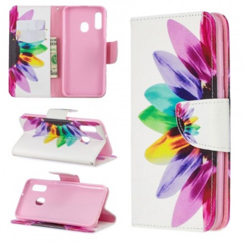 Capa De Couro Para Samsung Galaxy A20e Flor Aquarela