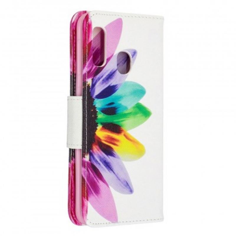 Capa De Couro Para Samsung Galaxy A20e Flor Aquarela