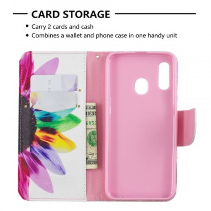 Capa De Couro Para Samsung Galaxy A20e Flor Aquarela