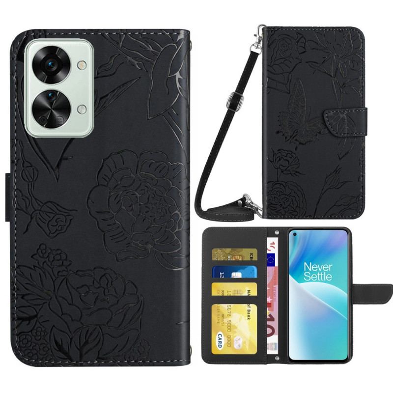Capa De Couro Para OnePlus Nord 2T 5G Borboletas Com Alça De Ombro
