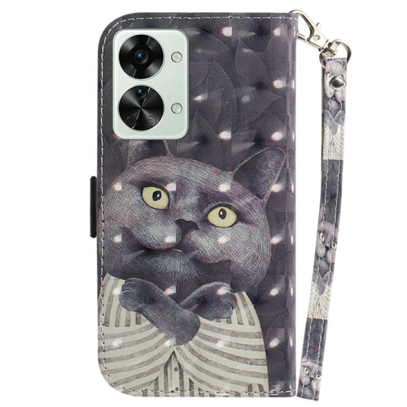 Capa De Couro Para OnePlus Nord 2T 5G De Cordão Gato Cinzento Com Alça