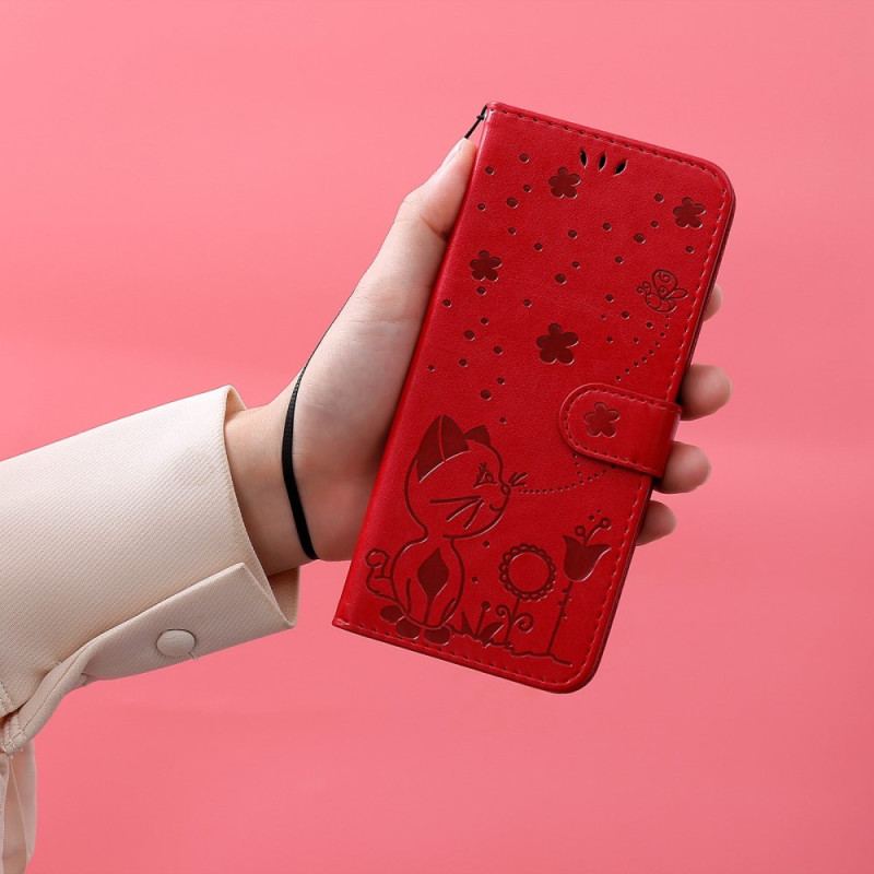 Capa De Couro Para OnePlus Nord 2T 5G De Cordão Gato E Abelha Com Porta-cartões Com Cordão