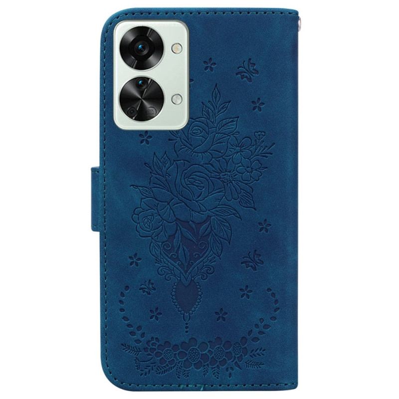 Capa De Couro Para OnePlus Nord 2T 5G Rosas E Borboletas