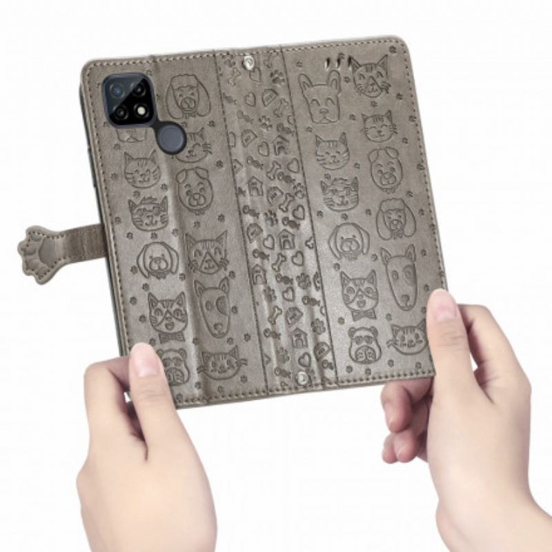Capa Em Pele Para Realme C21 Animais Animados