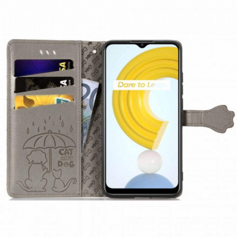 Capa Em Pele Para Realme C21 Animais Animados