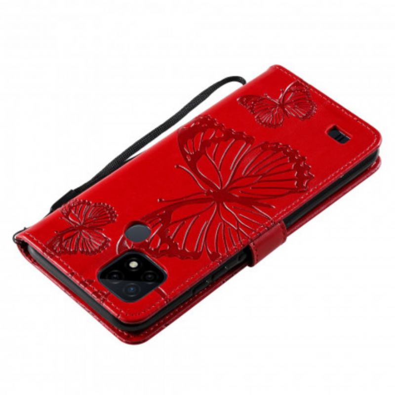 Capa Flip Para Realme C21 De Cordão Borboletas Gigantes