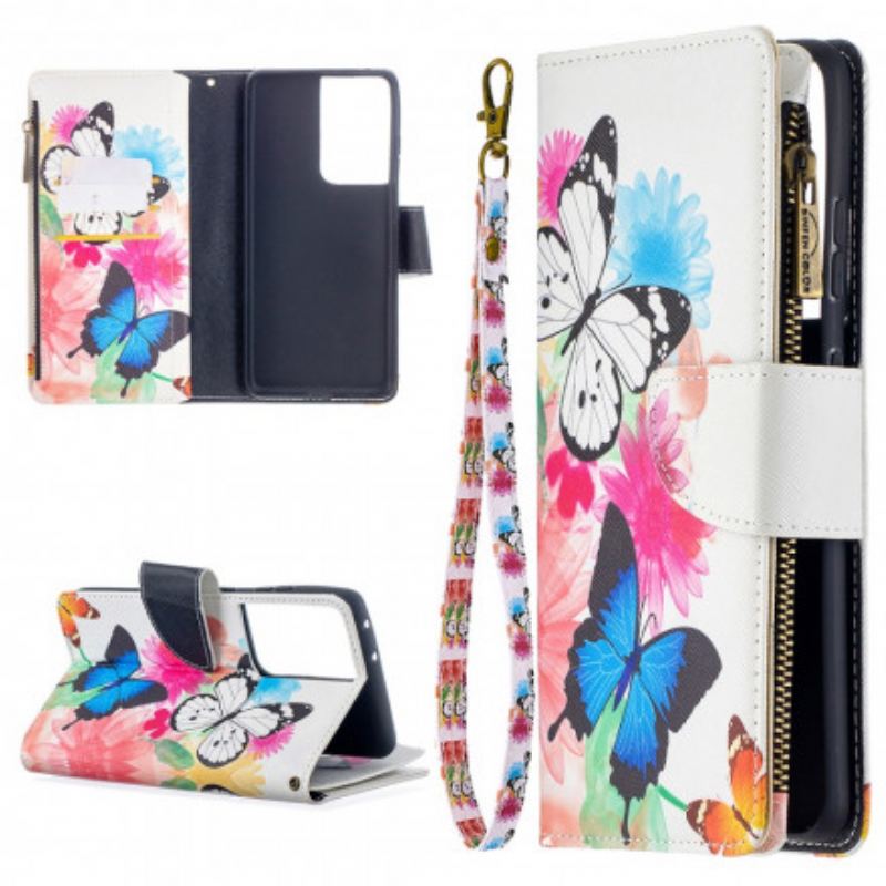 Capa De Couro Para Samsung Galaxy S21 Ultra 5G Bolso Com Zíper De Borboletas