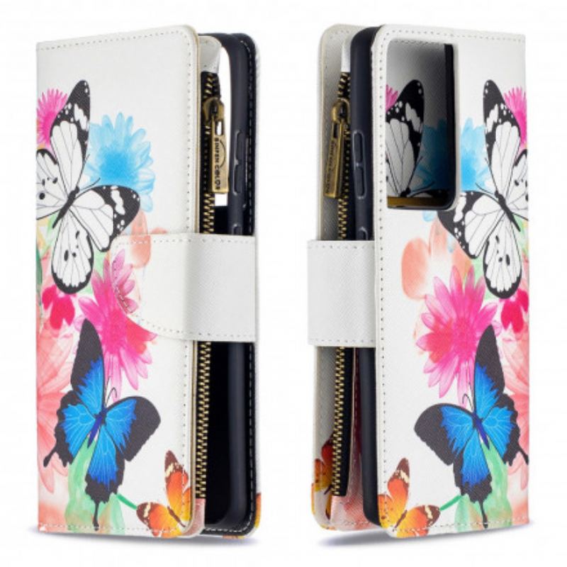 Capa De Couro Para Samsung Galaxy S21 Ultra 5G Bolso Com Zíper De Borboletas