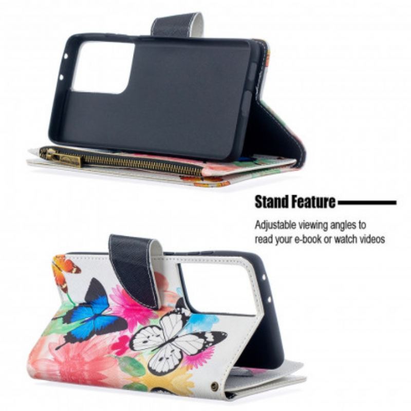 Capa De Couro Para Samsung Galaxy S21 Ultra 5G Bolso Com Zíper De Borboletas