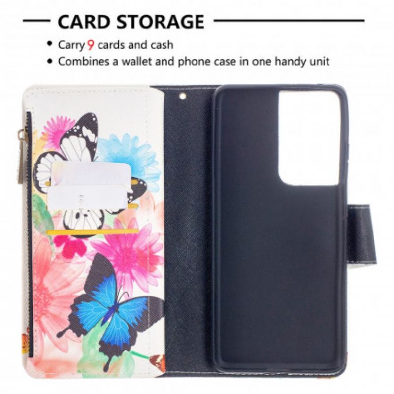 Capa De Couro Para Samsung Galaxy S21 Ultra 5G Bolso Com Zíper De Borboletas