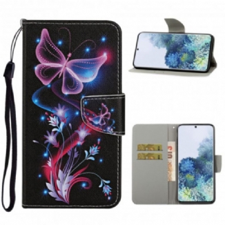 Capa De Couro Para Samsung Galaxy S21 Ultra 5G Borboletas E Cordão