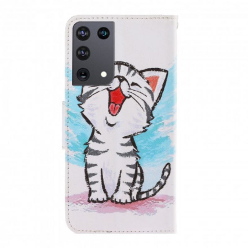 Capa De Couro Para Samsung Galaxy S21 Ultra 5G De Cordão Gatinho Cor Strappy