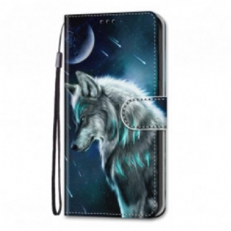 Capa Em Pele Para Samsung Galaxy S21 Ultra 5G Lobo Sob Uma Chuva De Estrelas