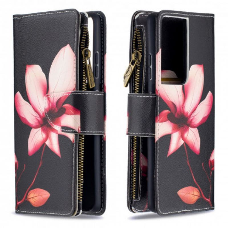 Capa Flip Para Samsung Galaxy S21 Ultra 5G Bolso Com Zíper Flor