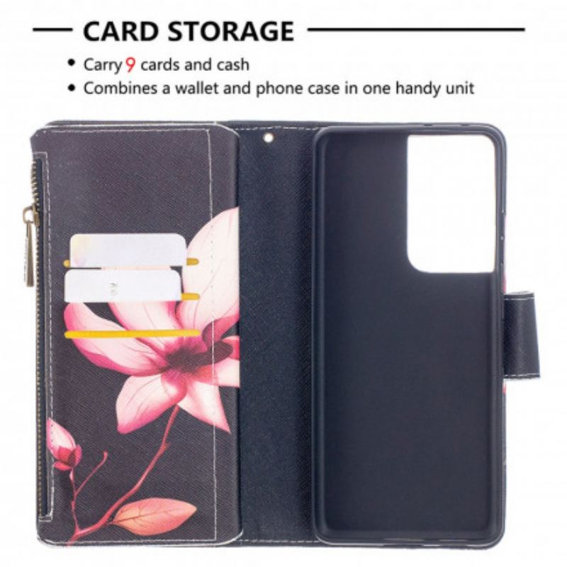 Capa Flip Para Samsung Galaxy S21 Ultra 5G Bolso Com Zíper Flor