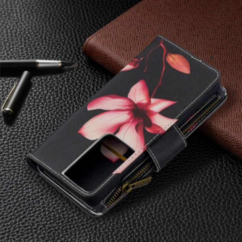 Capa Flip Para Samsung Galaxy S21 Ultra 5G Bolso Com Zíper Flor
