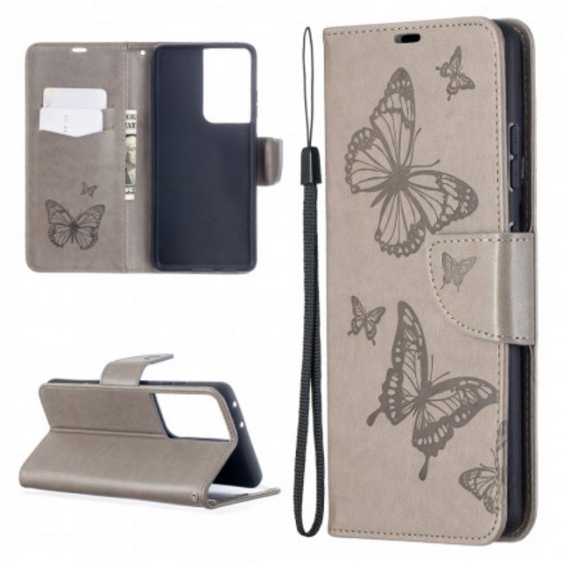 Capa Folio Para Samsung Galaxy S21 Ultra 5G Borboletas Voando Com Cordão