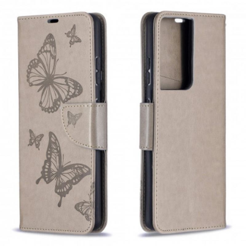 Capa Folio Para Samsung Galaxy S21 Ultra 5G Borboletas Voando Com Cordão