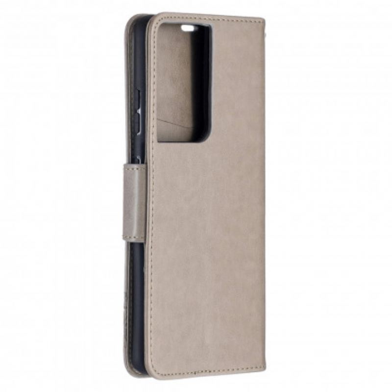 Capa Folio Para Samsung Galaxy S21 Ultra 5G Borboletas Voando Com Cordão