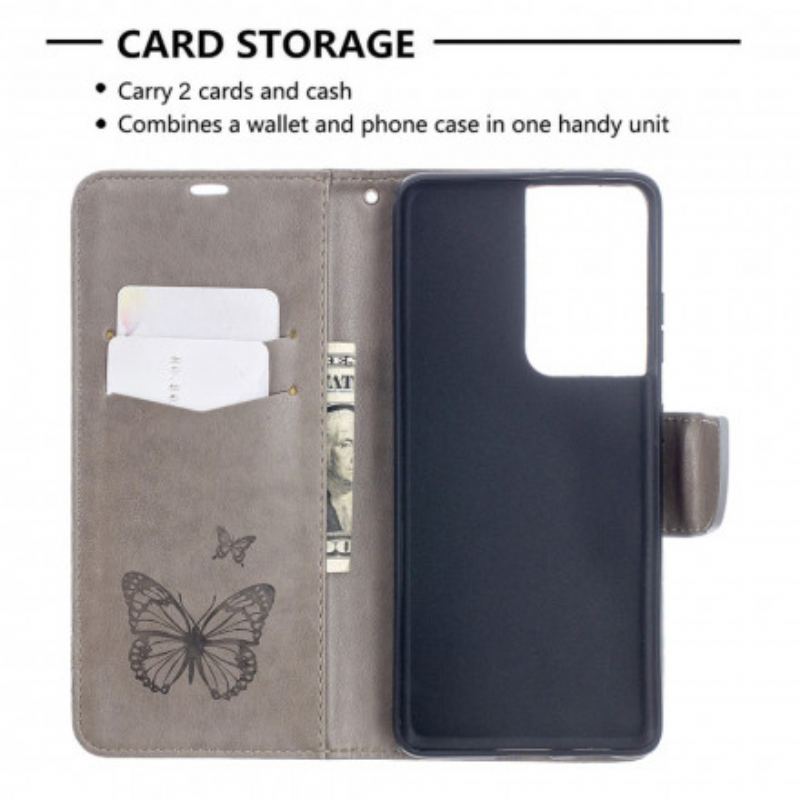 Capa Folio Para Samsung Galaxy S21 Ultra 5G Borboletas Voando Com Cordão