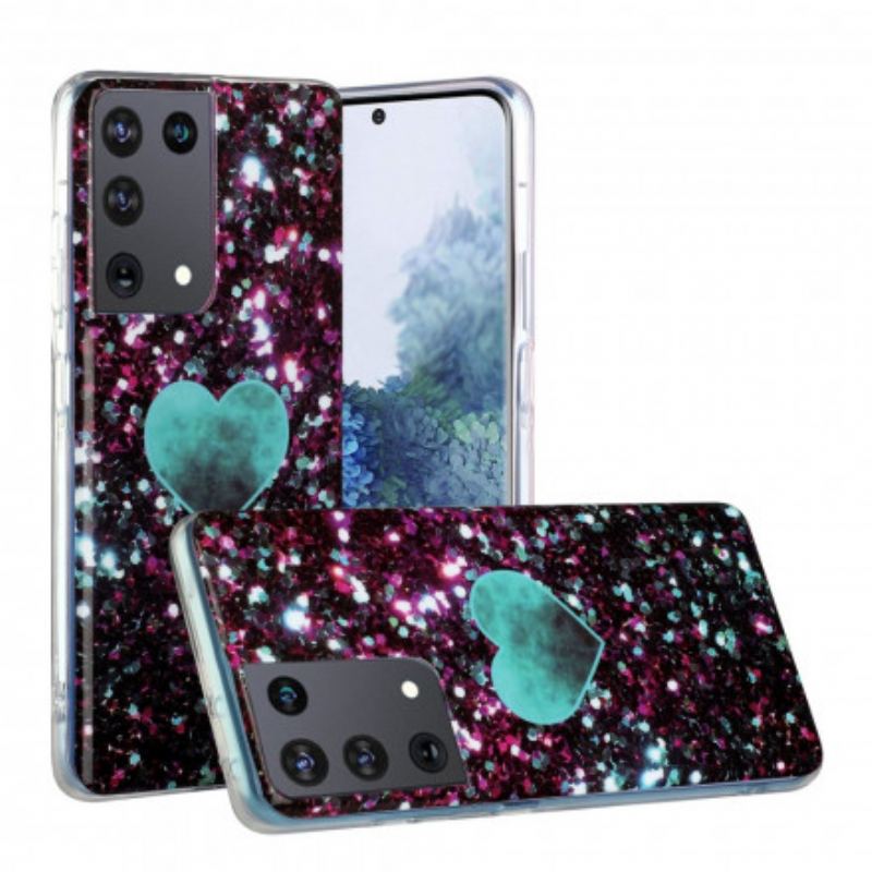 Capa Para Samsung Galaxy S21 Ultra 5G Coração De Mármore Glitter