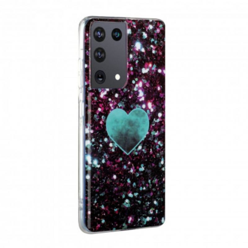 Capa Para Samsung Galaxy S21 Ultra 5G Coração De Mármore Glitter