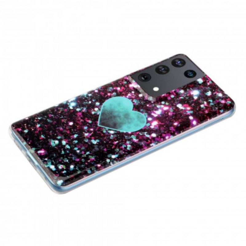 Capa Para Samsung Galaxy S21 Ultra 5G Coração De Mármore Glitter