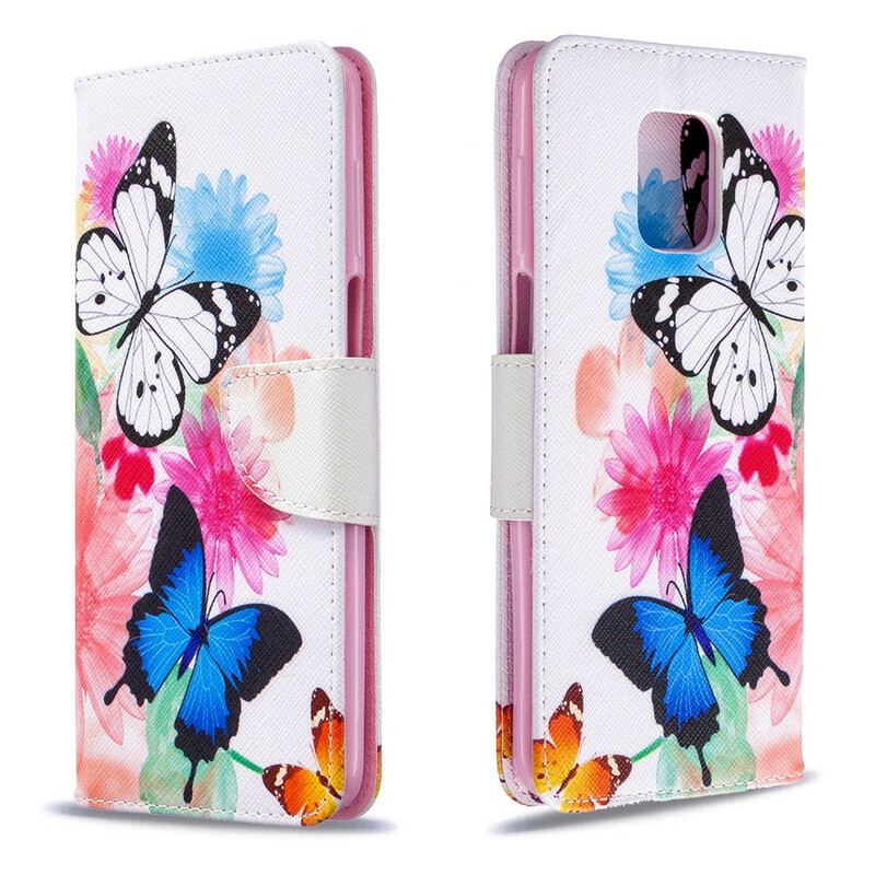 Capa Folio Para Xiaomi Redmi Note 9S / 9 Pro Borboletas E Flores Pintadas