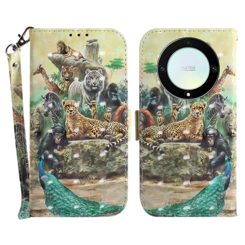 Capa De Couro Para Honor Magic 5 Lite De Cordão Animais De Safári Tanga