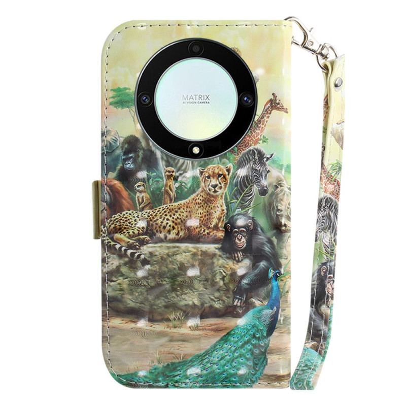 Capa De Couro Para Honor Magic 5 Lite De Cordão Animais De Safári Tanga